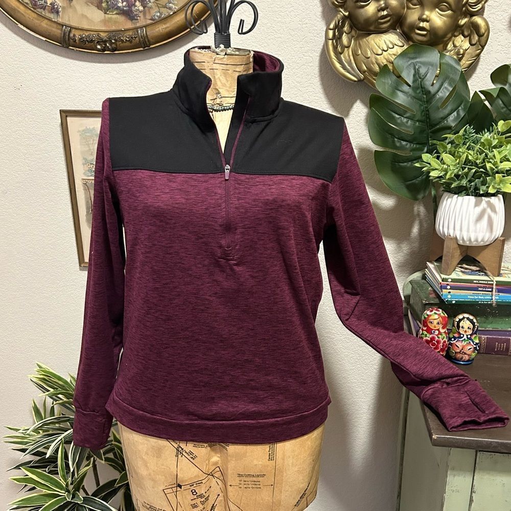 Avia Athletic Long Sleeve Maroon/Plum Black Collared Pullover Sz S‎ Thumb Holes